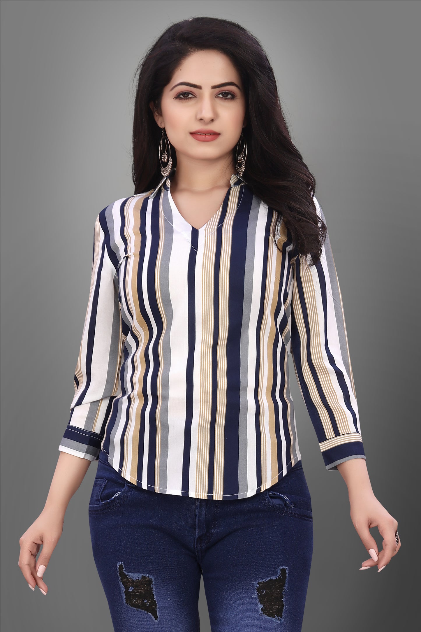 SUR-T Casual Regular Sleeves V-Shape Striped Women Beige Top