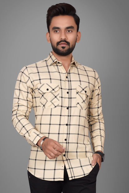 SUR-T Men Regular Fit Checkered Slim Collar Casual Beige Shirt