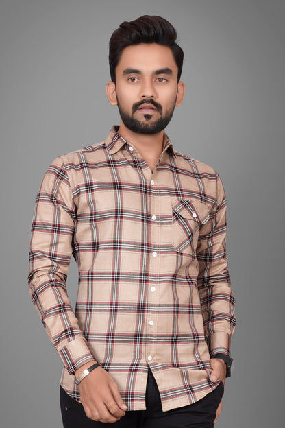 SUR-T Men Regular Fit Checkered Spread Collar Casual Beige Shirt