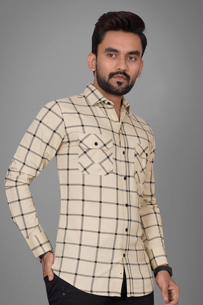 SUR-T Men Regular Fit Checkered Slim Collar Casual Beige Shirt