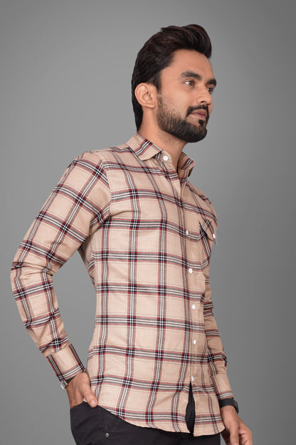 SUR-T Men Regular Fit Checkered Spread Collar Casual Beige Shirt