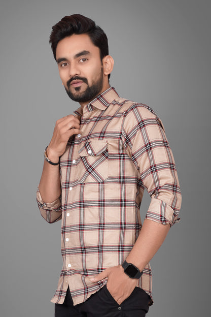 SUR-T Men Regular Fit Checkered Spread Collar Casual Beige Shirt