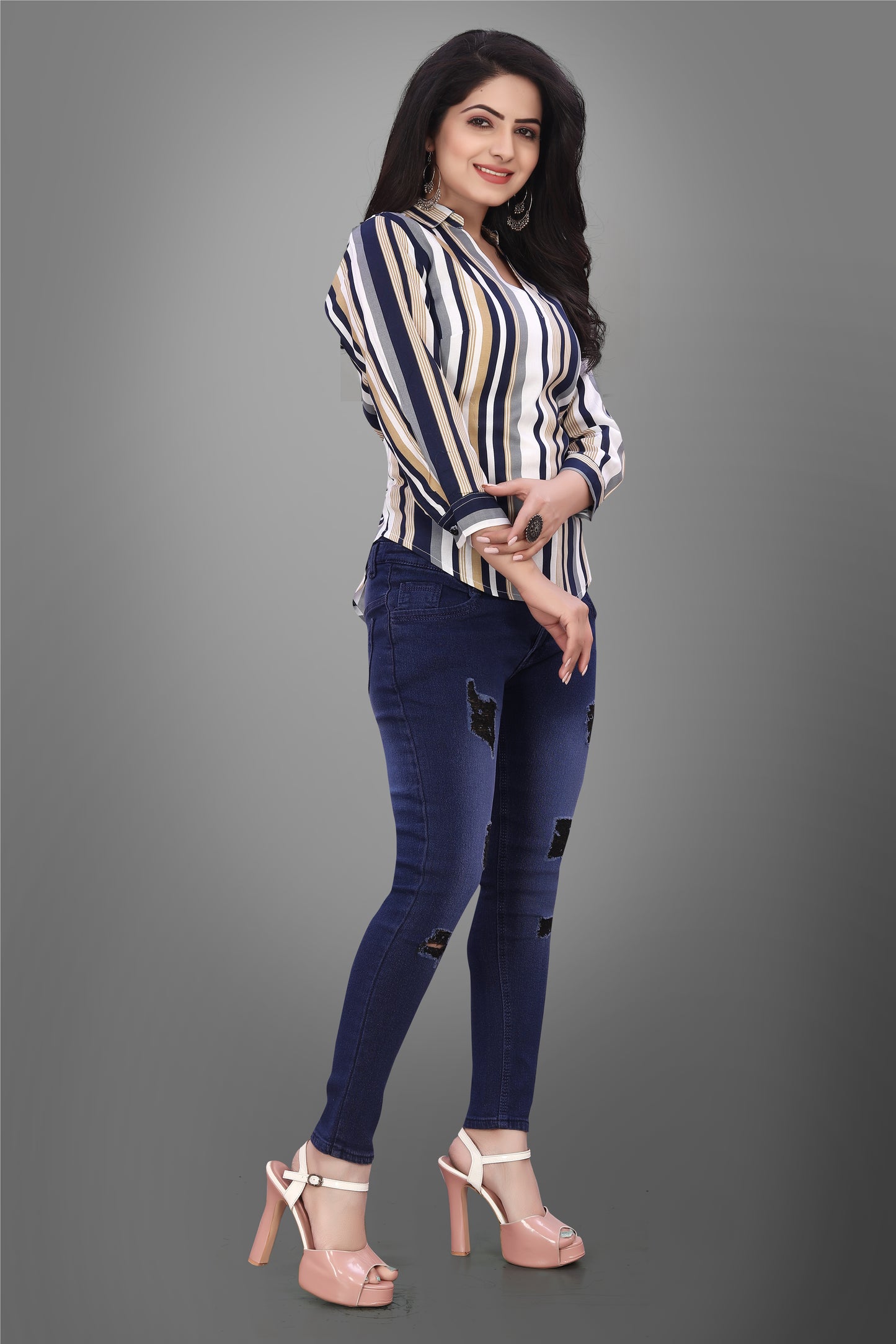 SUR-T Casual Regular Sleeves V-Shape Striped Women Beige Top