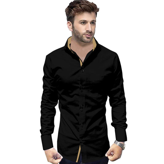 Men's Solid Slim Fit Cotton Double Button Black Shirt