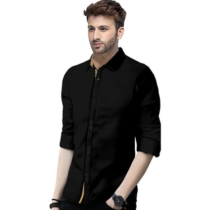 Men's Solid Slim Fit Cotton Double Button Black Shirt