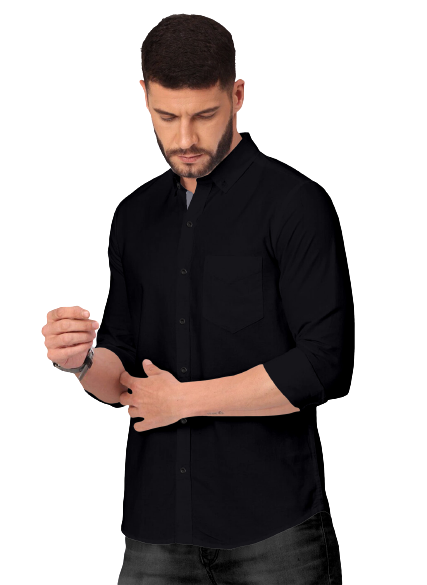 Men's Solid Plain Design Slim Fit Black Cotton Shirt