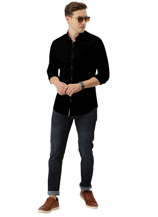 Men's Solid Slim Fit Cotton Double Button Black Shirt