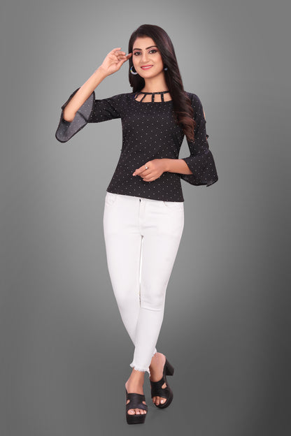 SUR-T Casual Bell Sleeves Polka Print Women Black Top