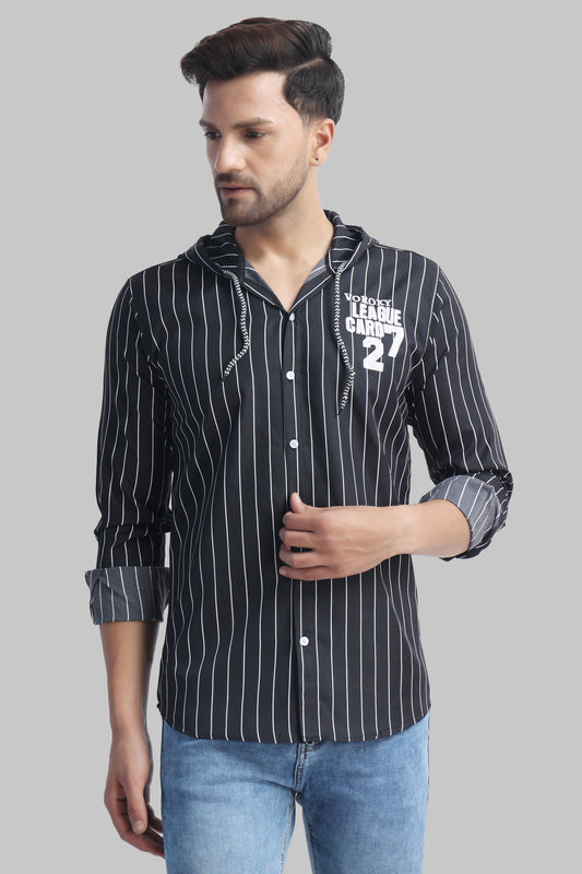 SUR-T Men's Regular Fit Striped Ribbed Collar Casual Black Shirt