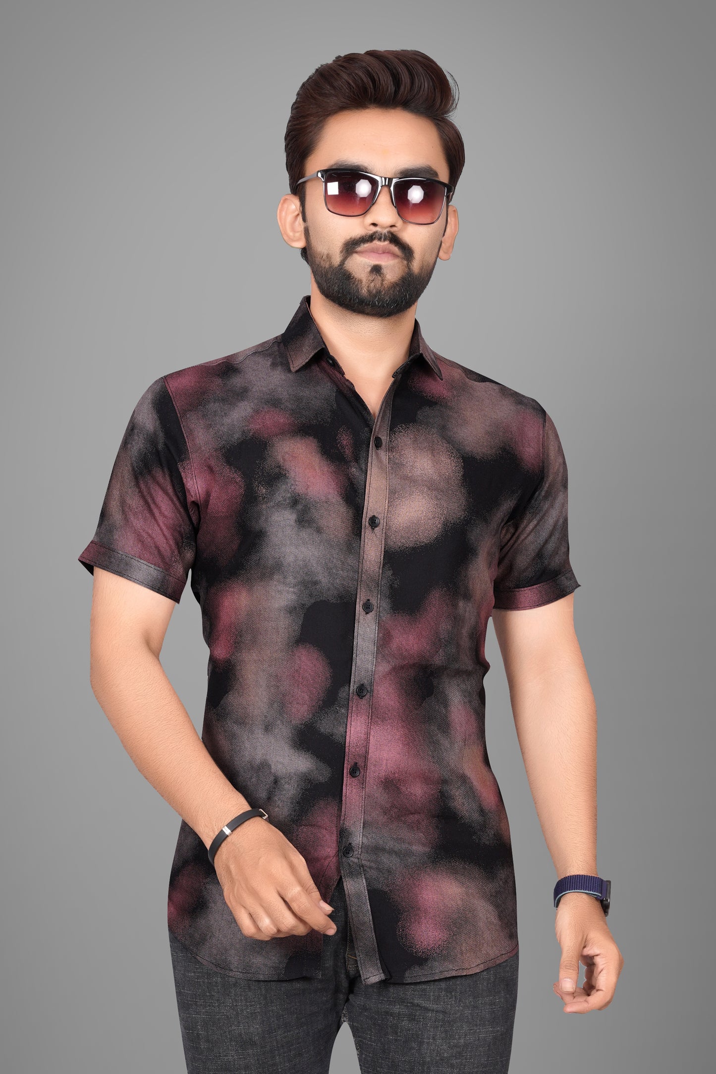 SUR-T Men Regular Fit Printed Spread Collar Casual Black Shirt