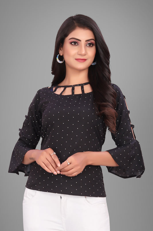 SUR-T Casual Bell Sleeves Polka Print Women Black Top