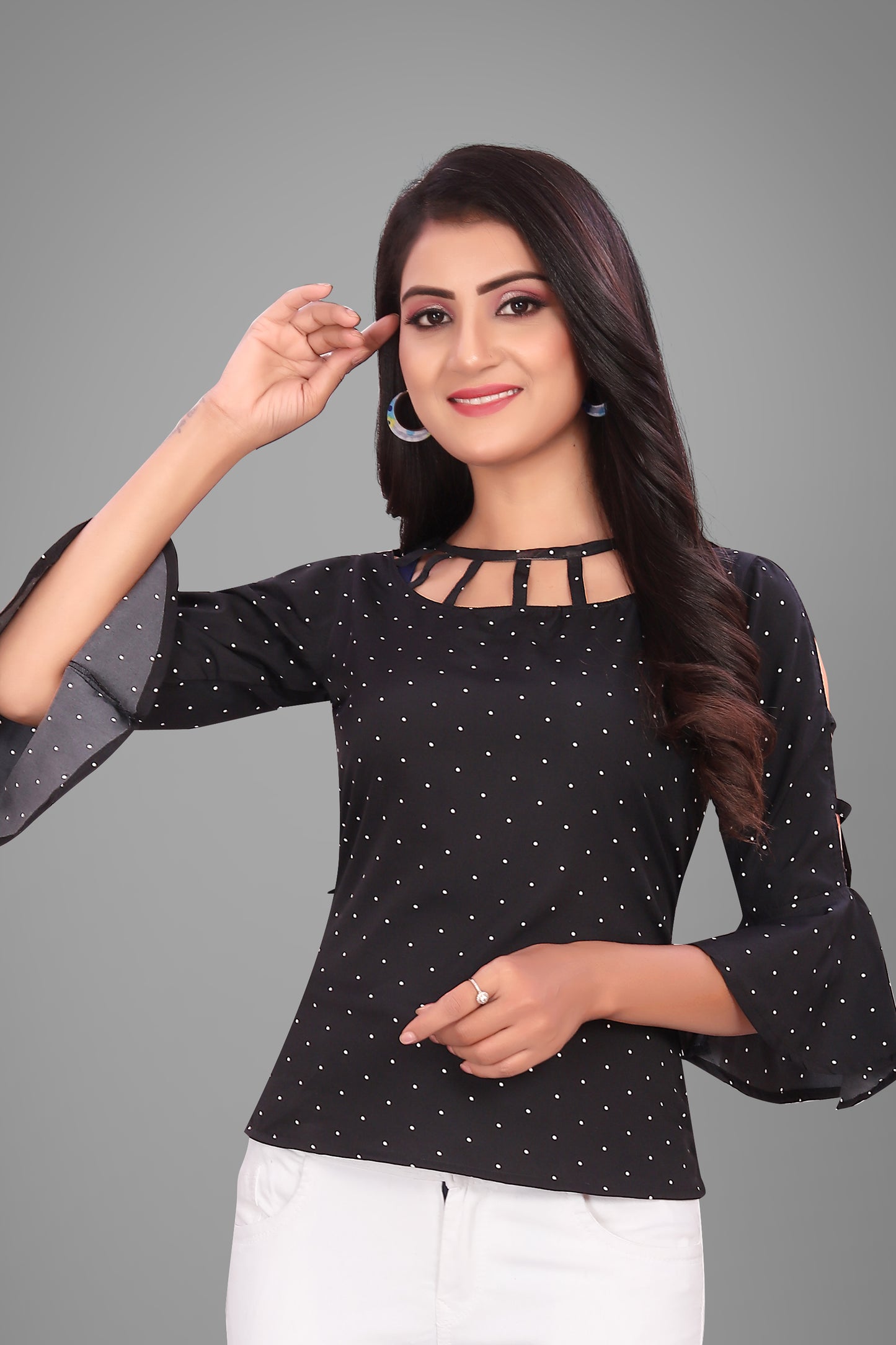 SUR-T Casual Bell Sleeves Polka Print Women Black Top