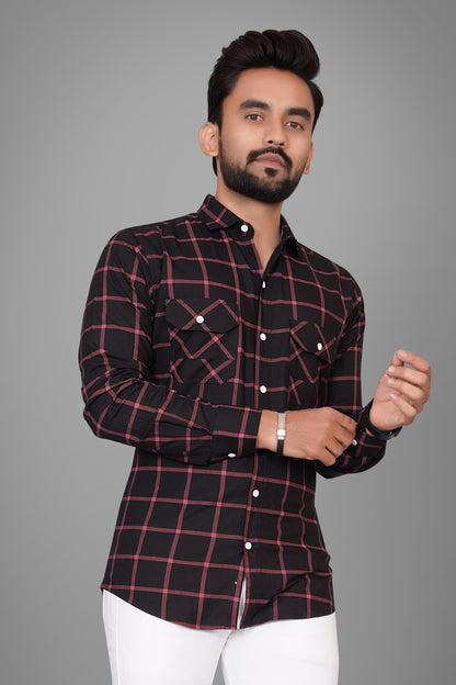 SUR-T Men Regular Fit Checkered Slim Collar Casual Black Shirt