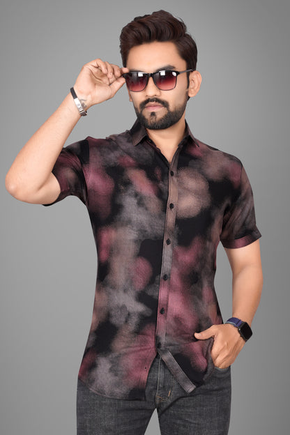 SUR-T Men Regular Fit Printed Spread Collar Casual Black Shirt