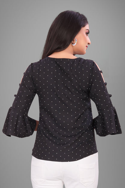 SUR-T Casual Bell Sleeves Polka Print Women Black Top