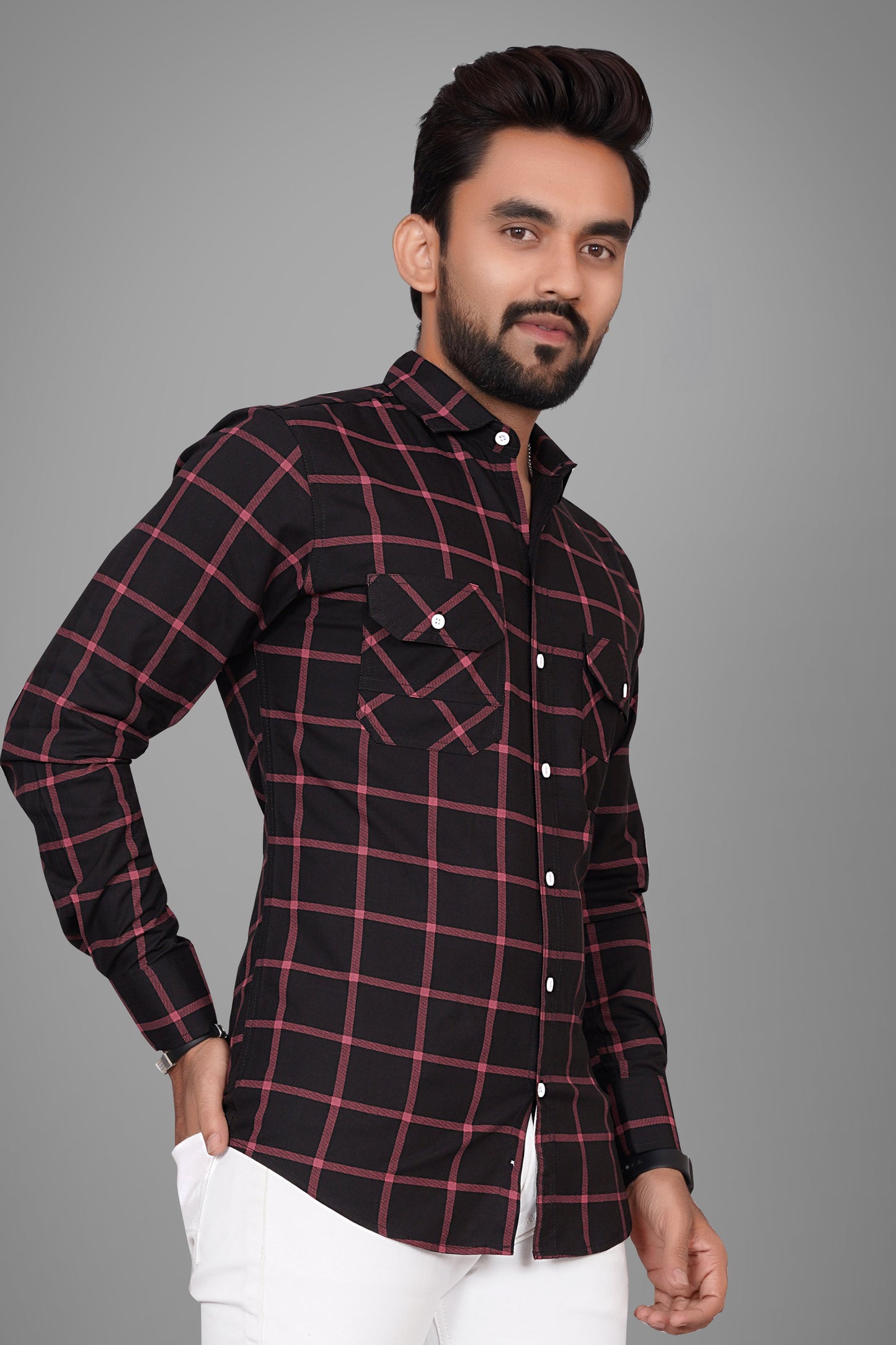 SUR-T Men Regular Fit Checkered Slim Collar Casual Black Shirt