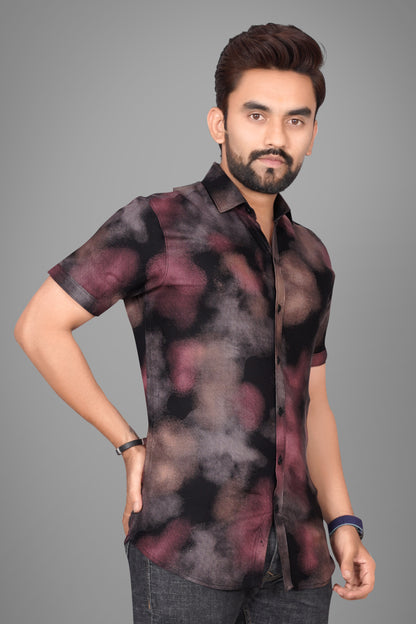 SUR-T Men Regular Fit Printed Spread Collar Casual Black Shirt