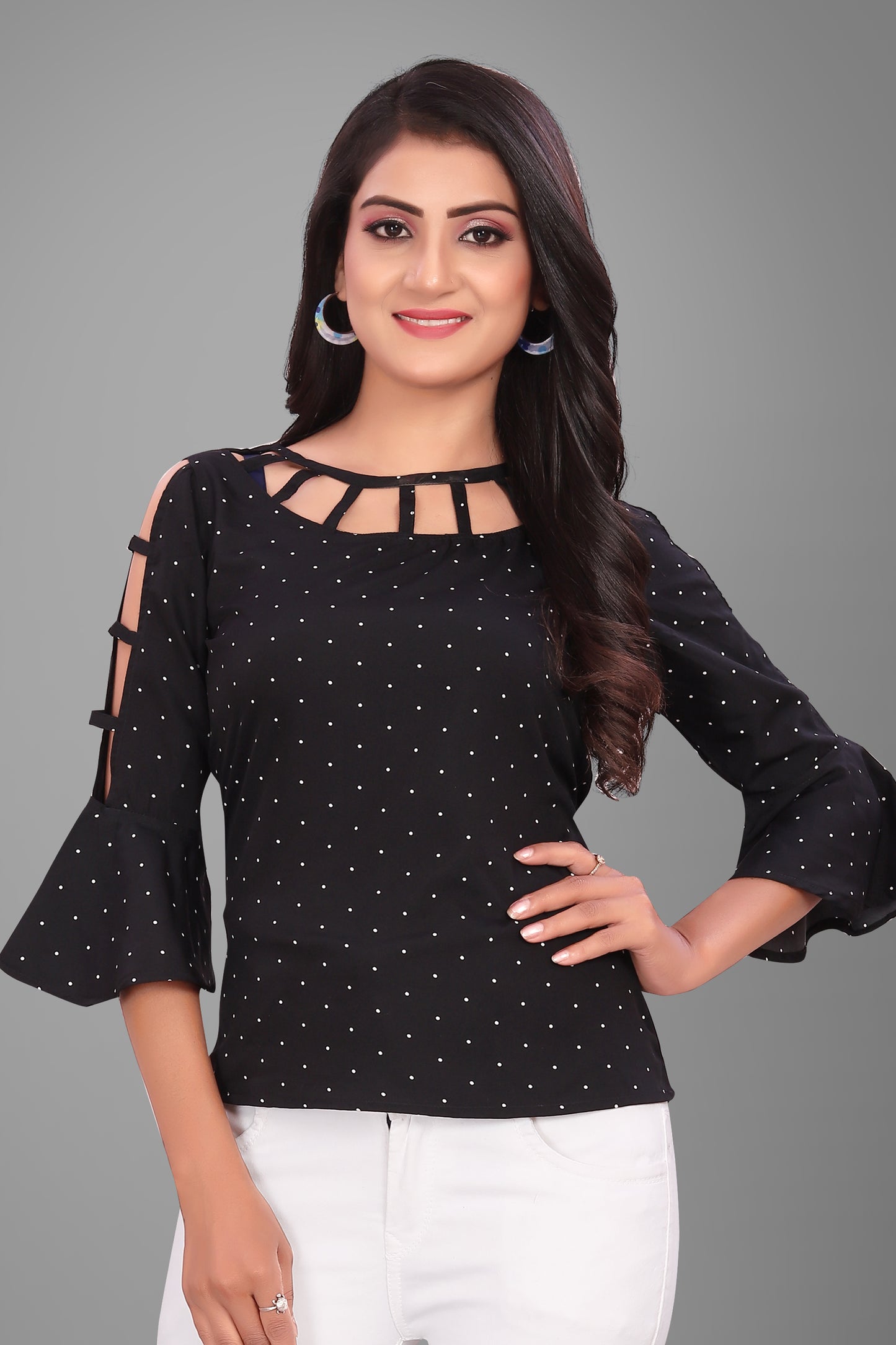 SUR-T Casual Bell Sleeves Polka Print Women Black Top