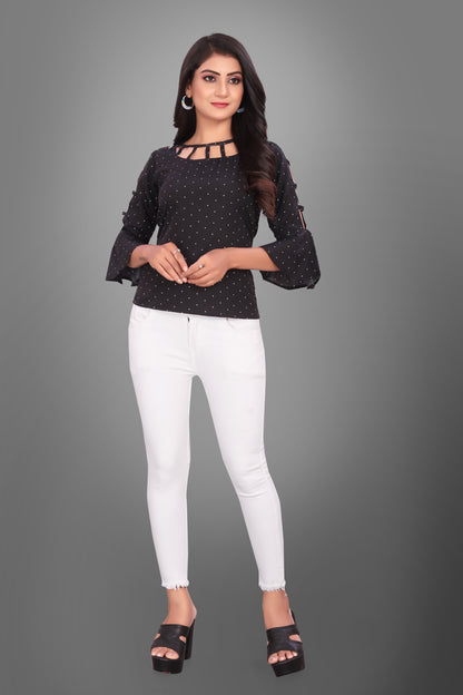 SUR-T Casual Bell Sleeves Polka Print Women Black Top