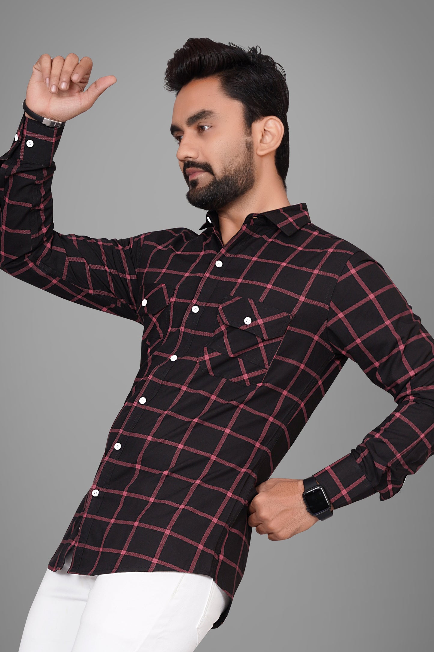 SUR-T Men Regular Fit Checkered Slim Collar Casual Black Shirt