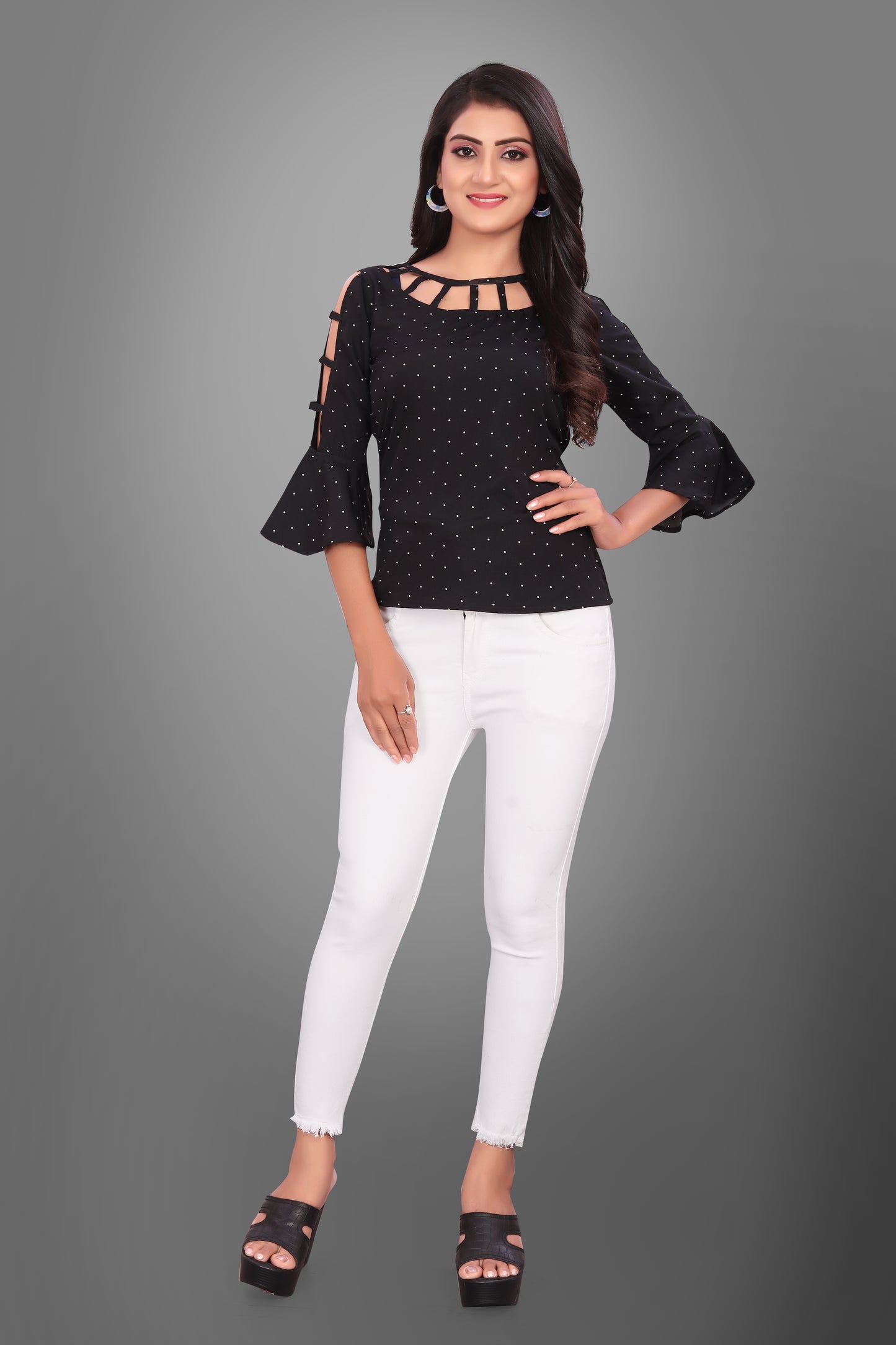 SUR-T Casual Bell Sleeves Polka Print Women Black Top