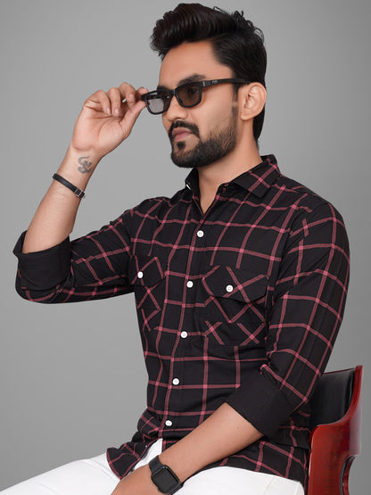 SUR-T Men Regular Fit Checkered Slim Collar Casual Black Shirt