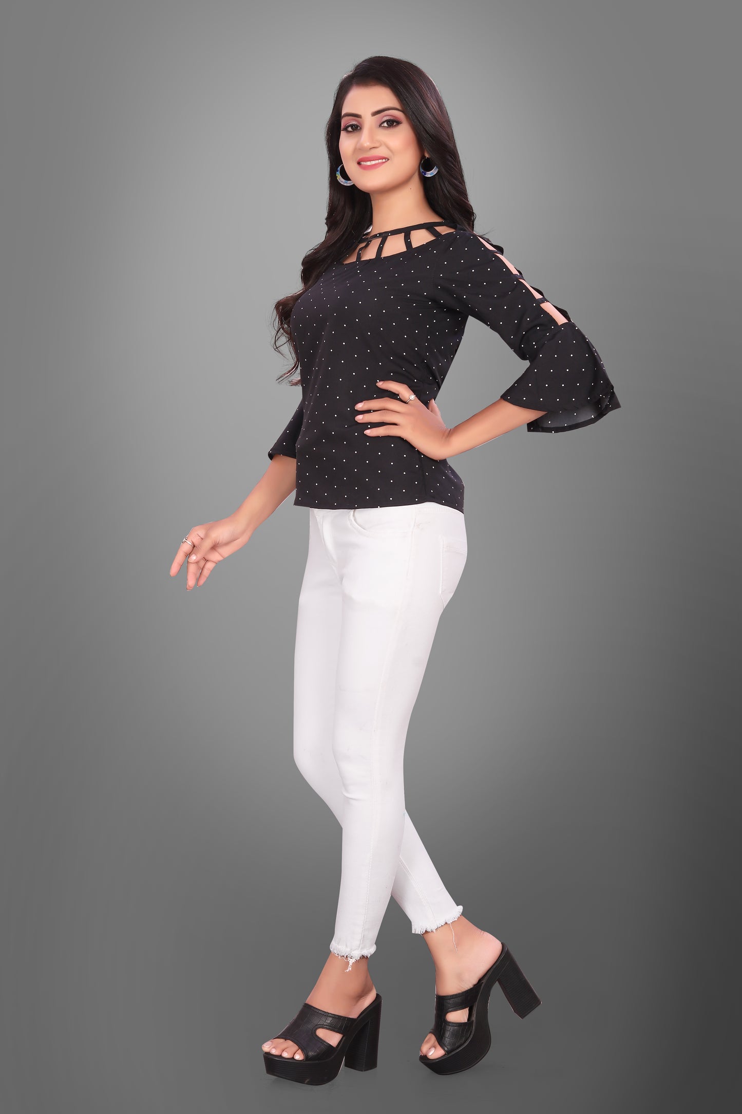 SUR-T Casual Bell Sleeves Polka Print Women Black Top