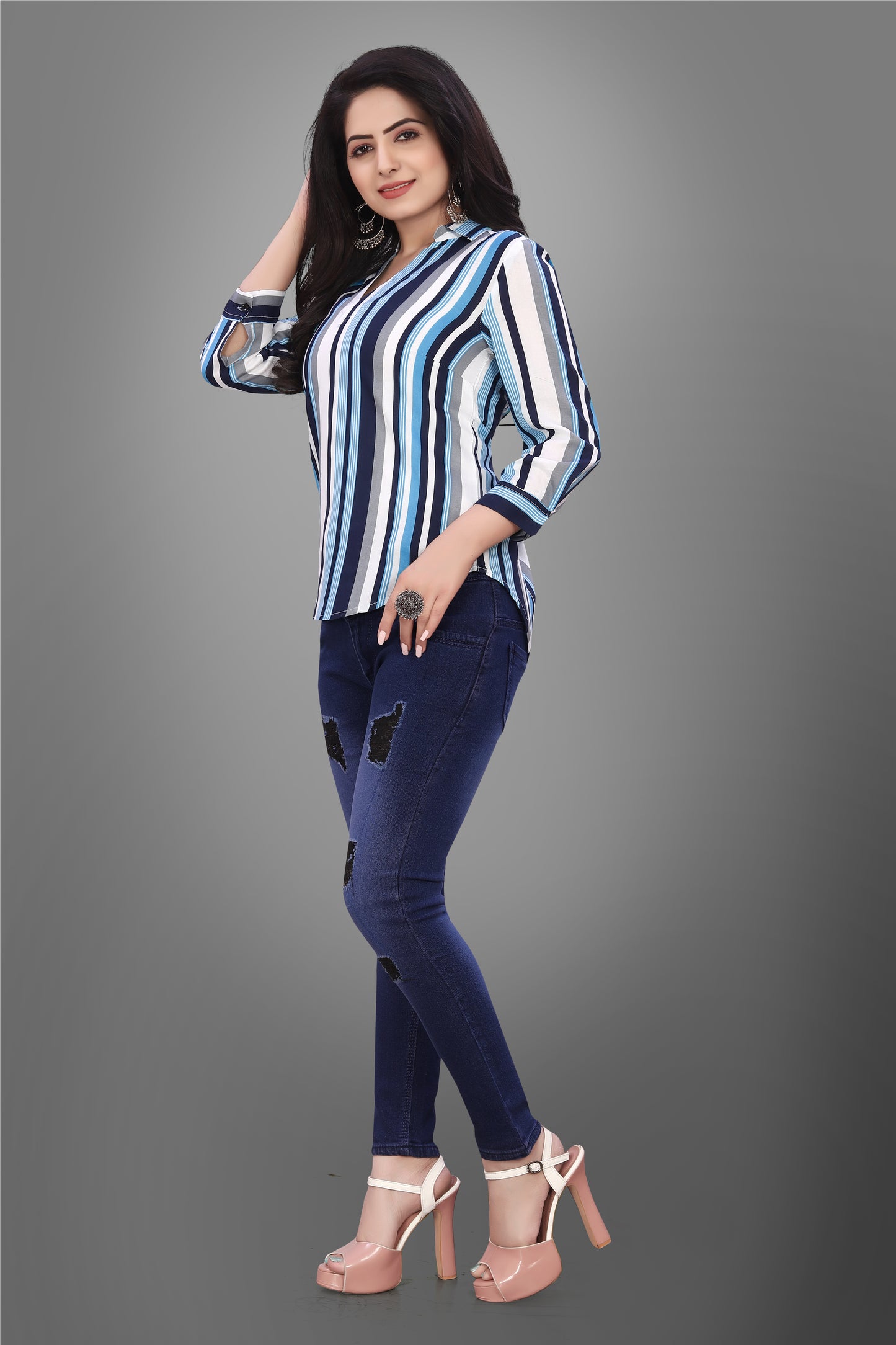 SUR-T Casual Regular Sleeves V-Shape Striped Women Blue Top