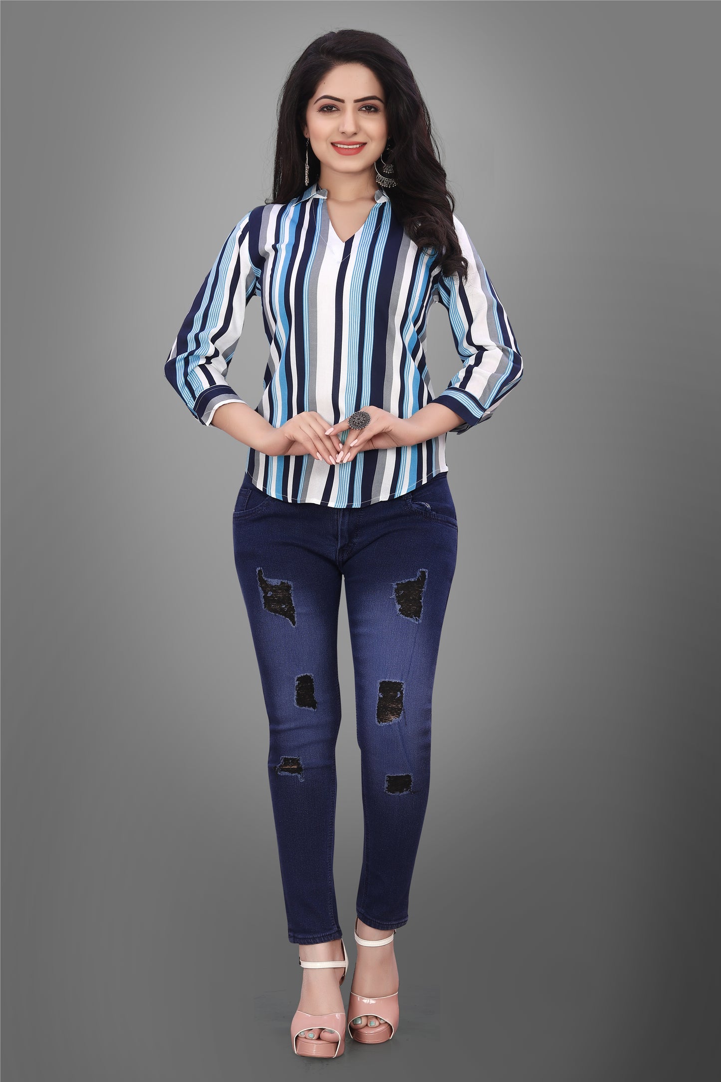 SUR-T Casual Regular Sleeves V-Shape Striped Women Blue Top