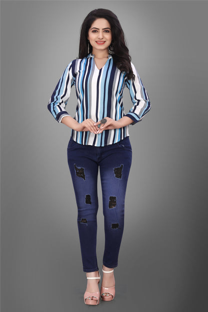 SUR-T Casual Regular Sleeves V-Shape Striped Women Blue Top