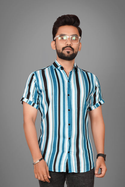 SUR-T Men Regular Fit Striped Spread Collar Casual Blue Shirt