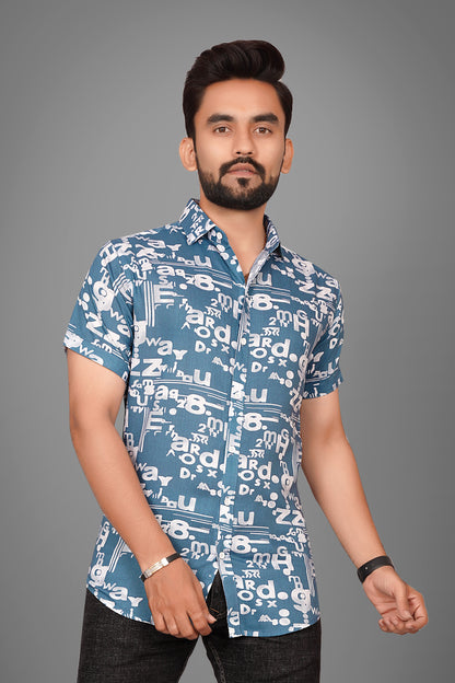 SUR-T Men's Regular Fit Printed Spread Collar Casual Blue Shirt