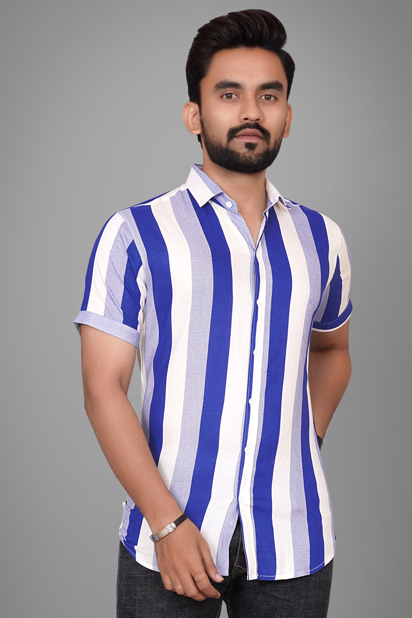 SUR-T Men Regular Fit Printed Spread Collar Casual Blue Shirt