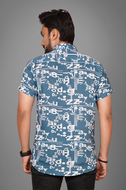 SUR-T Men's Regular Fit Printed Spread Collar Casual Blue Shirt