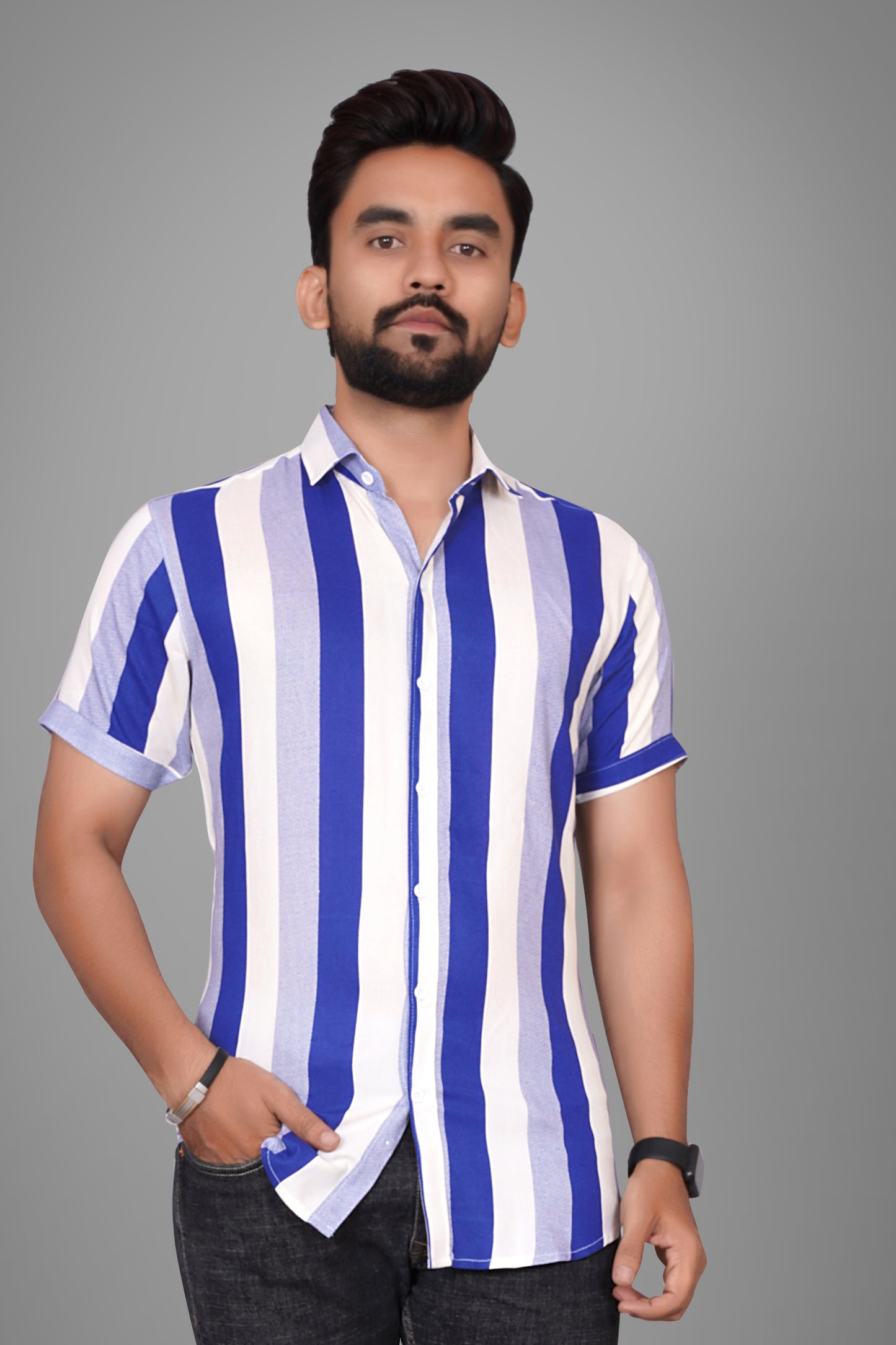 SUR-T Men Regular Fit Printed Spread Collar Casual Blue Shirt