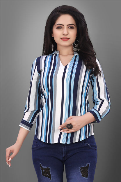 SUR-T Casual Regular Sleeves V-Shape Striped Women Blue Top