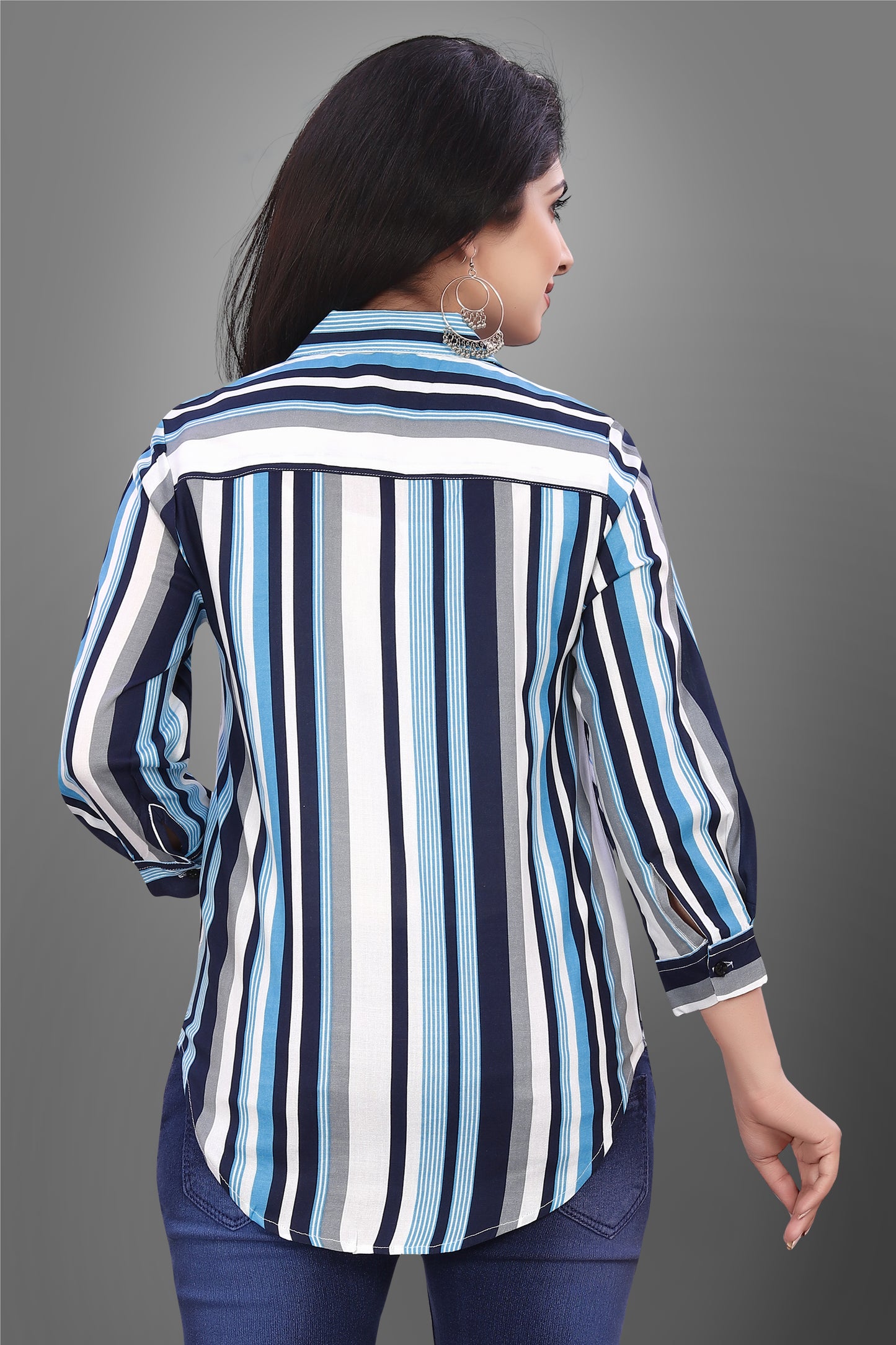 SUR-T Casual Regular Sleeves V-Shape Striped Women Blue Top