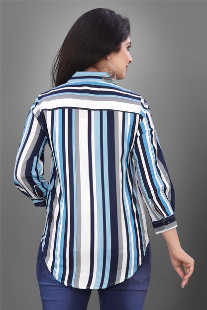 SUR-T Casual Regular Sleeves V-Shape Striped Women Blue Top