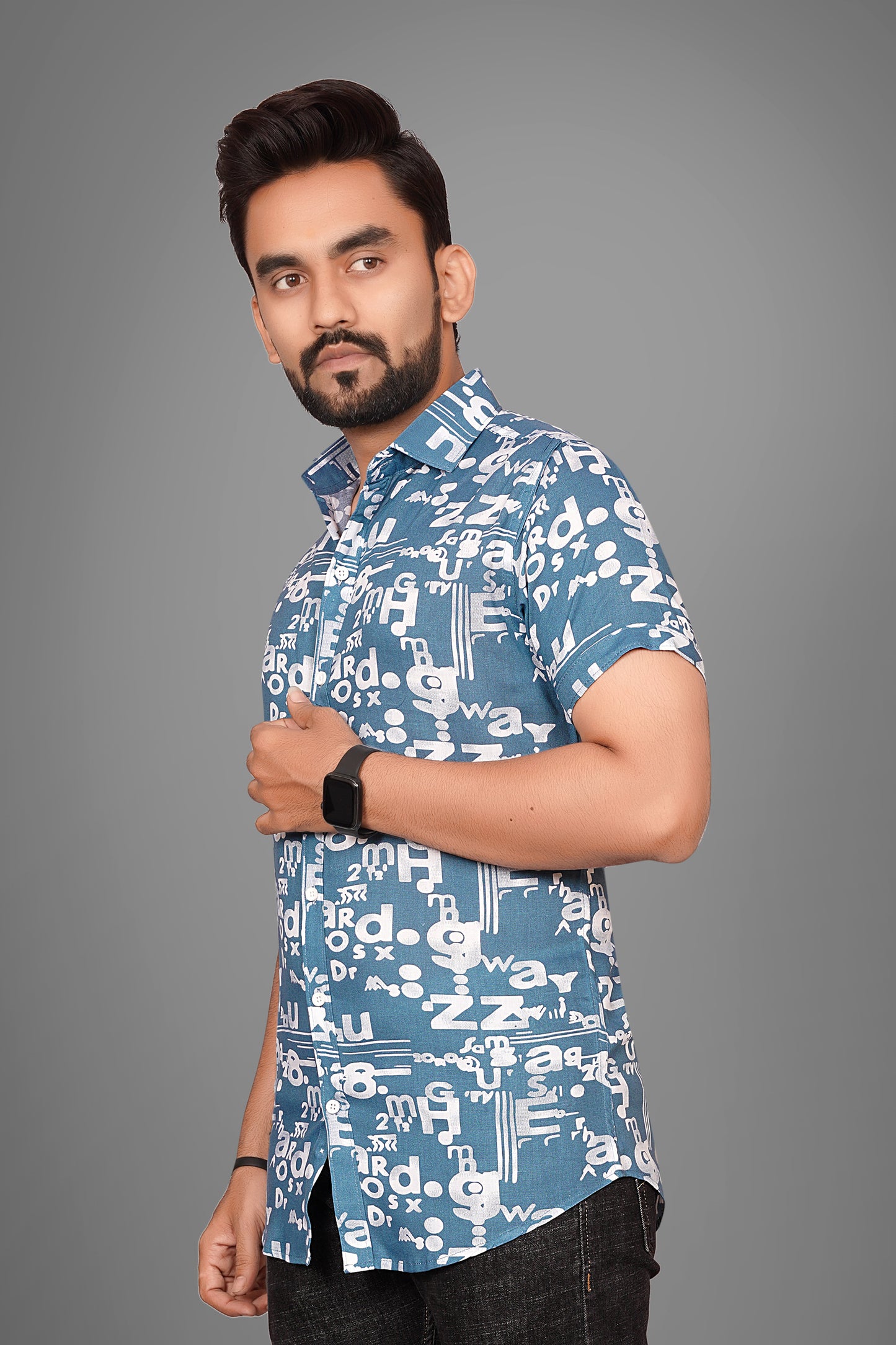 SUR-T Men's Regular Fit Printed Spread Collar Casual Blue Shirt