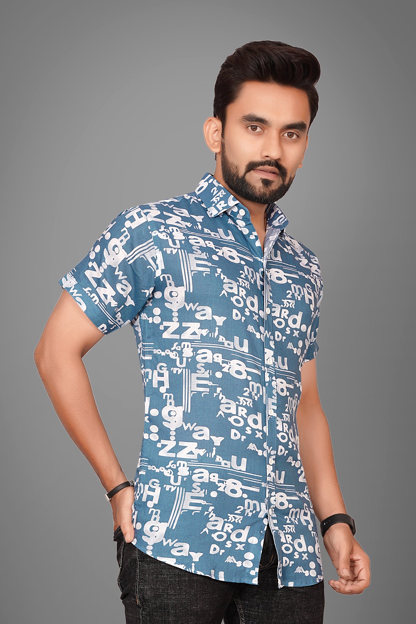 SUR-T Men's Regular Fit Printed Spread Collar Casual Blue Shirt