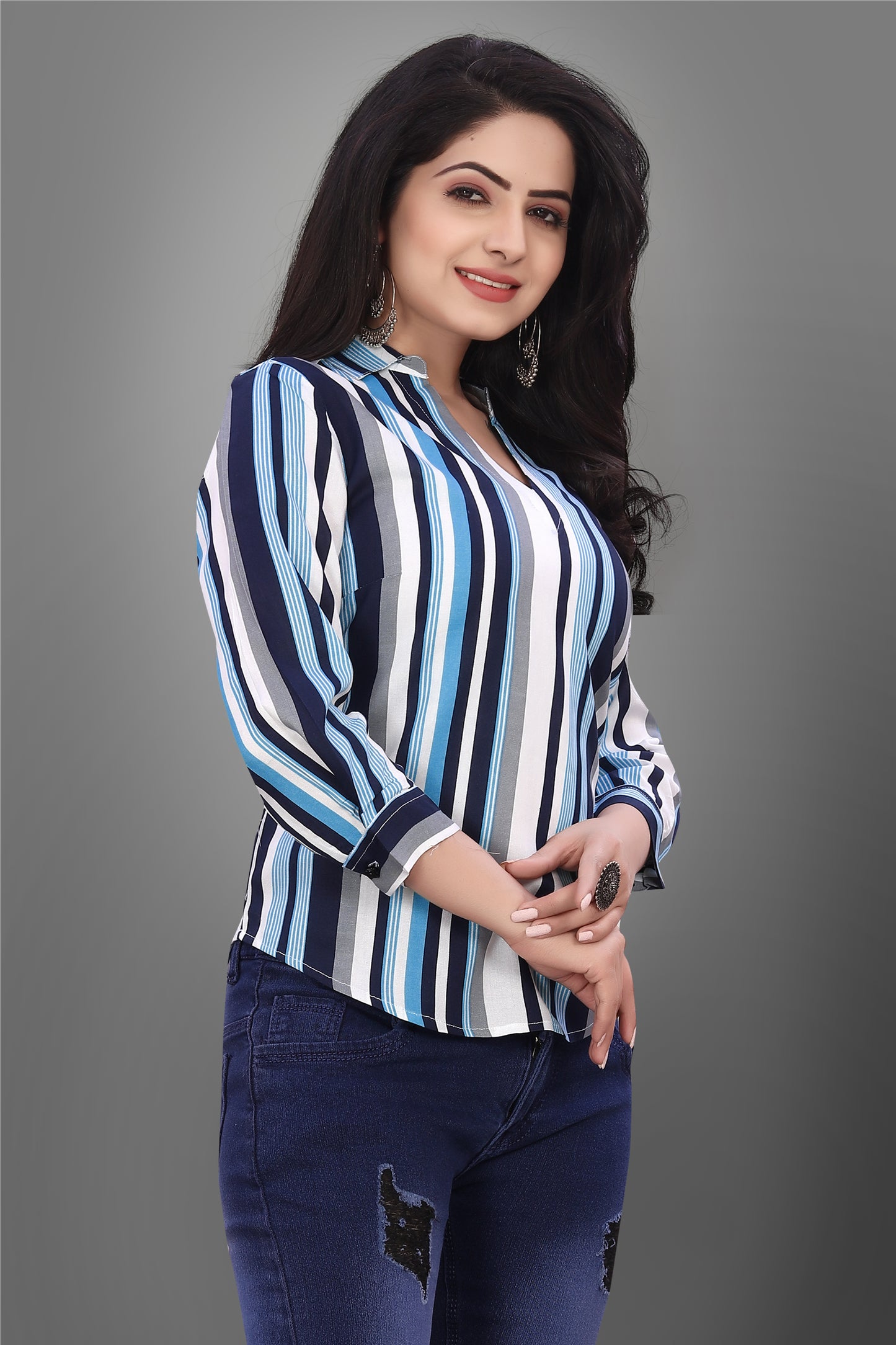 SUR-T Casual Regular Sleeves V-Shape Striped Women Blue Top