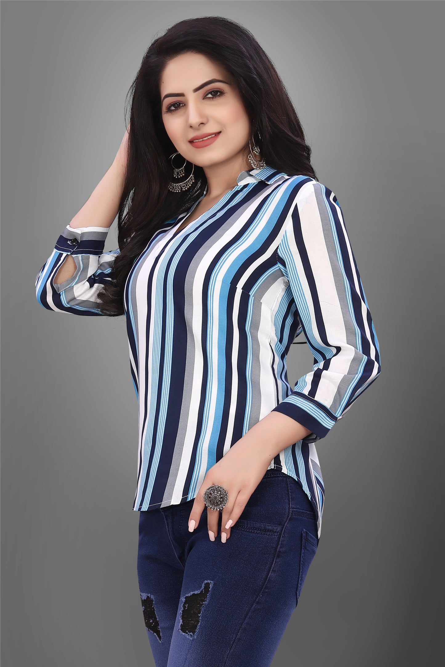 SUR-T Casual Regular Sleeves V-Shape Striped Women Blue Top