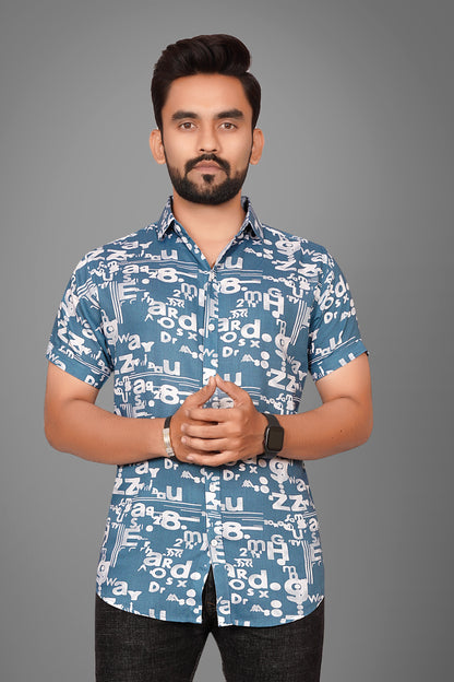 SUR-T Men's Regular Fit Printed Spread Collar Casual Blue Shirt