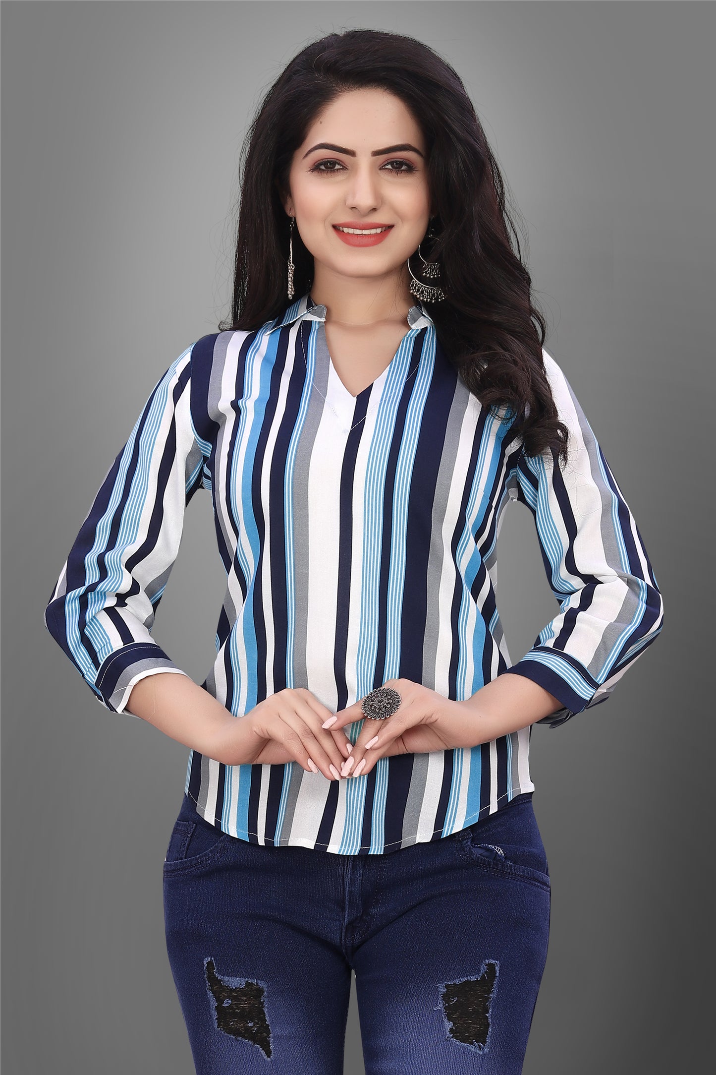 SUR-T Casual Regular Sleeves V-Shape Striped Women Blue Top