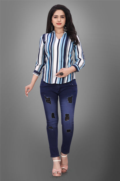 SUR-T Casual Regular Sleeves V-Shape Striped Women Blue Top