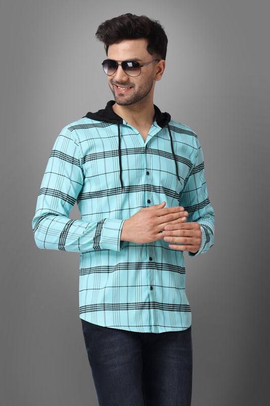 SUR-T Men's Regular Fit Checkered Hood Collar Casual Light Blue Classic Hoodie Shirt