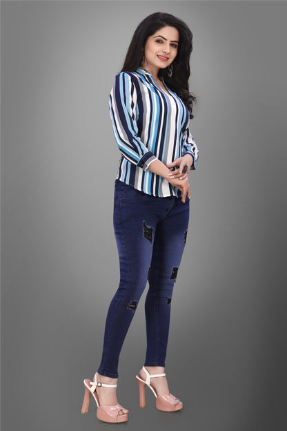 SUR-T Casual Regular Sleeves V-Shape Striped Women Blue Top