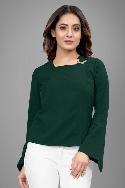 SUR-T Regular Sleeves Solid Velvet Women Dark Green Top