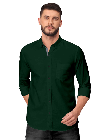 Men's Solid Plain Design Slim Fit Bottle Green Cotton Shirt
