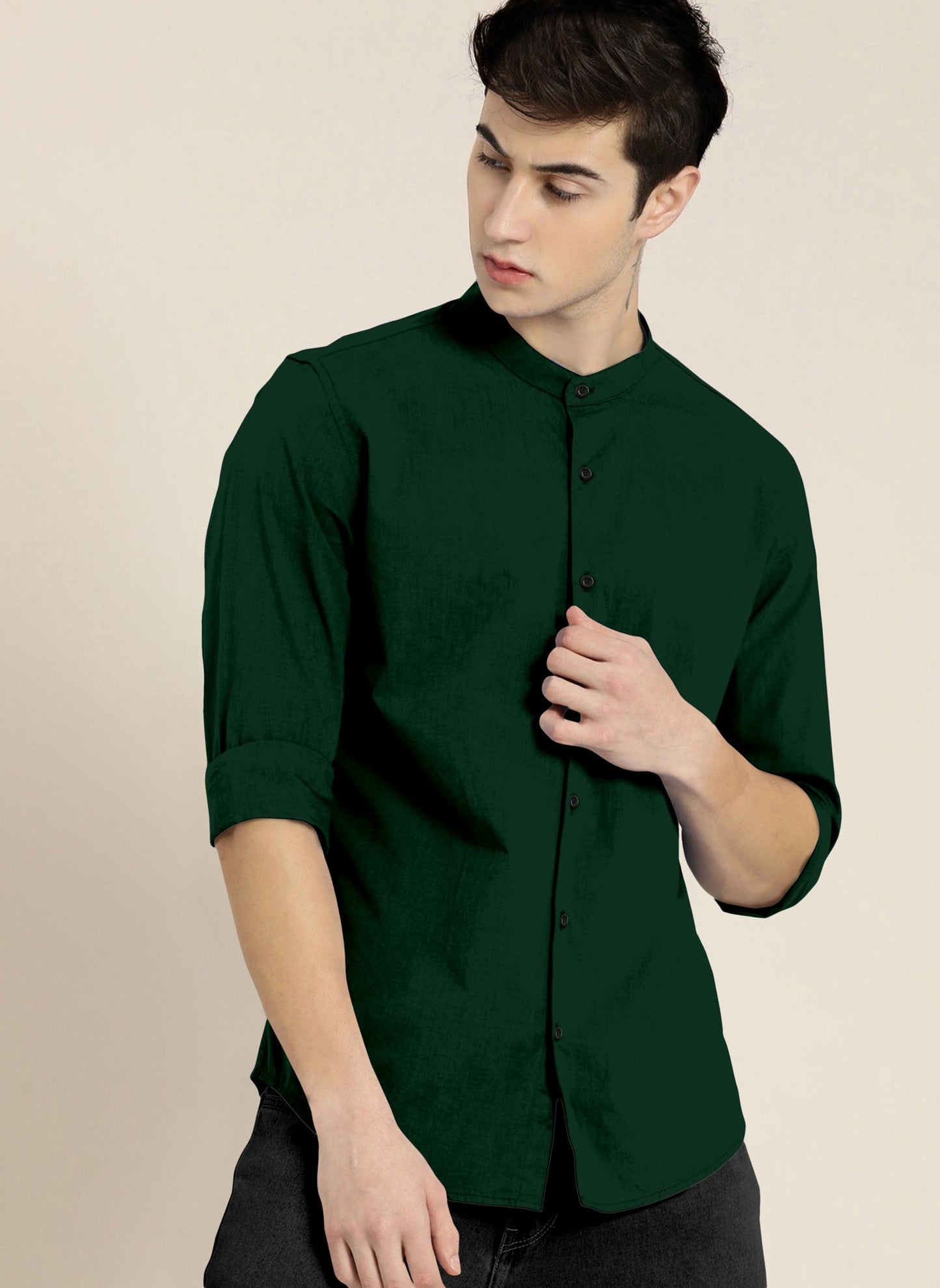 Stylish Bottle Green Men Slim Fit Solid Mandarin Collar Shirt